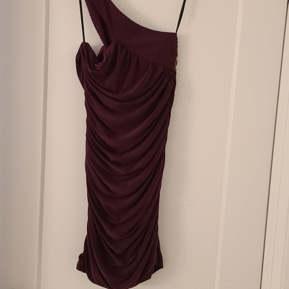Vintage from early 2000s. Plum/ wine/ purple Ruched body con one shoulder dress - Picture 6 of 7